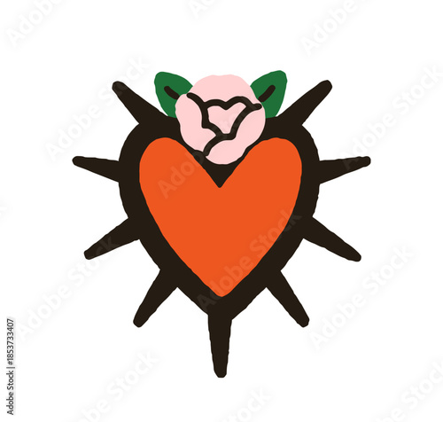 Mexican heart, love symbol with rose flowers and spiky frame. Sacred traditio...