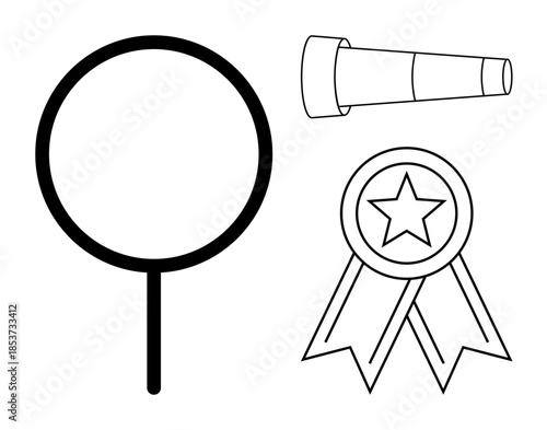 Search, exploration, achievement, vision, focus, success. Black and white outline of a magnifying glass, telescope and award ribbon with a star. Search and exploration concepts