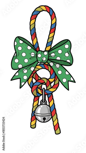 Colorful rope toy with green bow and bell for pet celebration New Year