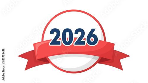 Celebrating New Year 2026 with festive red ribbon and circular badge symbolizing joy