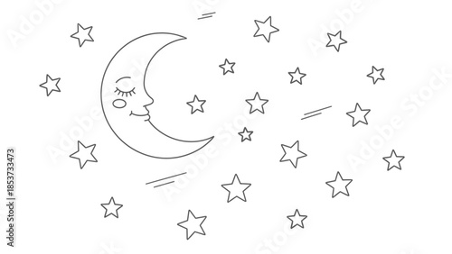 A smiling crescent moon with closed eyes floats among stars in the night sky illustration