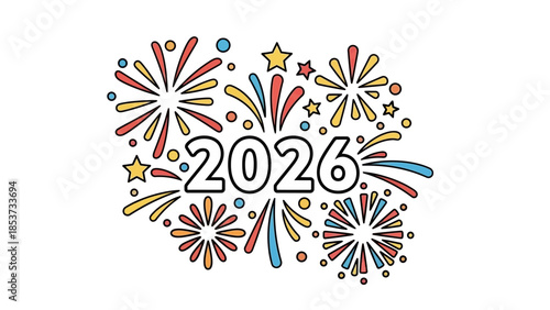 Colorful fireworks celebrate New Year 2026 with vibrant stars and sparks