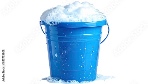 Blue pail overflowing with bubbly white suds, on black background