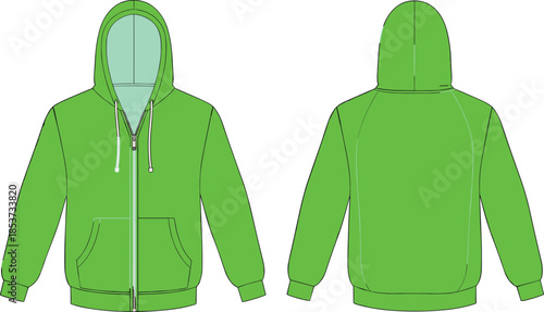 Zip-up hoodie front and back flat sketch, drawstring hood metal tip kangaroo pocket ribbed cuff hem detail, cad drawing flat vector illustration design