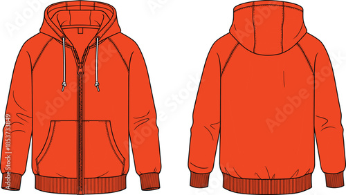 Zip-up hoodie front and back flat sketch, raglan sleeve kangaroo pocket drawstring hood metal tip ribbed cuff hem, cad drawing vector illustration design