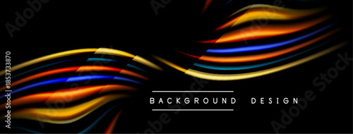 Abstract waves, vibrant colors, dark background. Modern design elements create dynamic visual effect. Simple text labels bottom center.