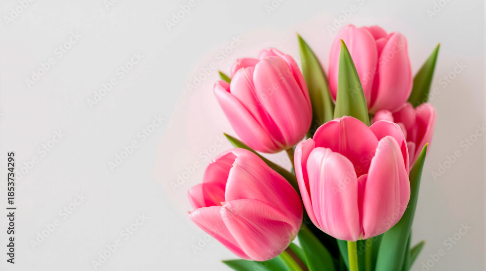 Naklejka premium Beautiful bouquet of fresh pink tulips on a plain white background.