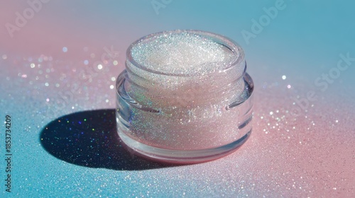 A vibrant cosmetic jar filled with shimmering glitter against a colorful backdrop.