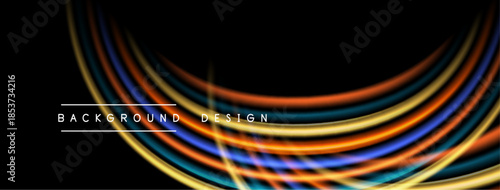 Abstract flowing lines create dynamic background. Bright colors contrast dark space, forming elegant design element.