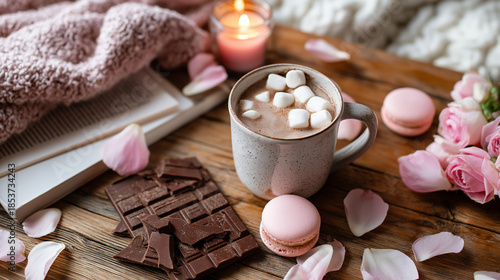 チョコ、ココア、マカロン、ロウソクがテーブルの上に置かれていて暖かな雰囲気