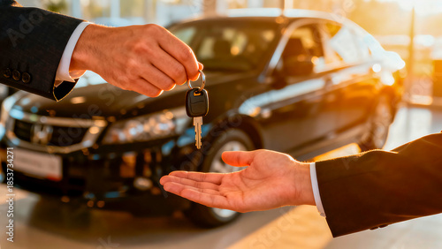 Close up of car keys being handed over to a new owner in a modern car dealership.