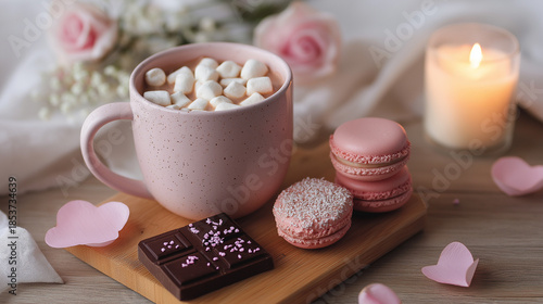 チョコ、ココア、マカロン、ロウソクがテーブルの上に置かれていて暖かな雰囲気