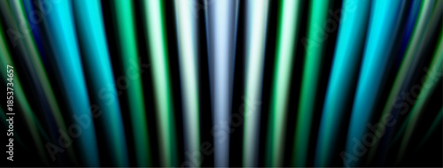 Vertical lines, vibrant blues, greens dominate dark background. Light radiates from center, creating abstract visual effect.