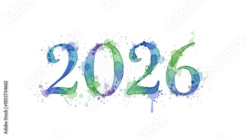 Vibrant watercolor illustration of 2026 New Year celebration numbers in blue and green