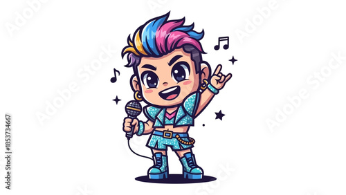 Colorful cartoon character sings with microphone in hand happily on stage