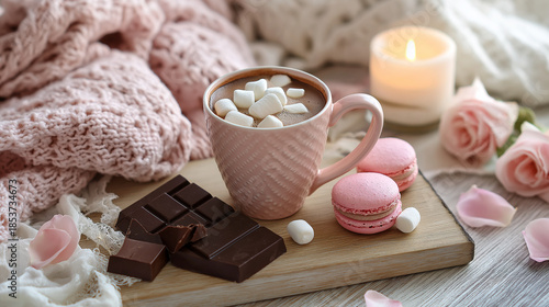 チョコ、ココア、マカロン、ロウソクがテーブルの上に置かれていて暖かな雰囲気