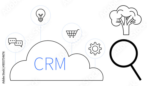 CRM within a cloud, light bulb, chat bubbles, shopping cart, gear, tree, magnifying glass. Ideal for customer management, e-commerce innovation communication search automation environment