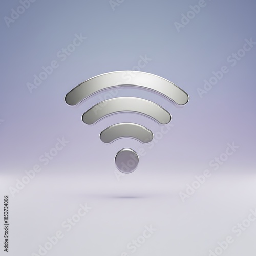 Wi-fi signal icon in shiny metallic silver for internet connection and wireless communication technology concept, modern digital network symbol