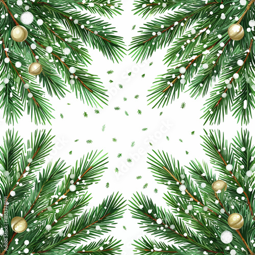 Christmas Fir Branches with Baubles and Snowflakes Vector Illustration