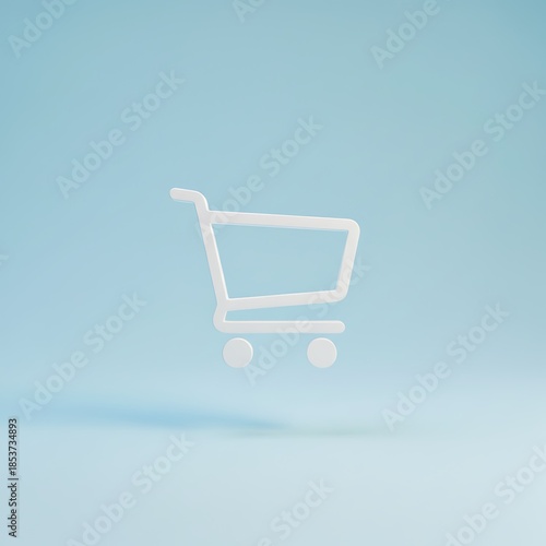 White 3d shopping cart icon floating on a pastel blue background. E-commerce concept for online purchasing and digital retail.