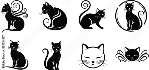 Black cat silhouette icon set illustration, minimalist feline vector collection, elegant animal shapes and symbols, modern flat design for logos and branding