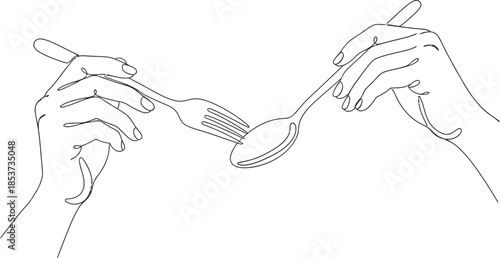 Hands holding fork and spoon line art
