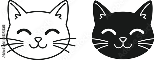 Cute smiling cat face icons set, minimal kawaii feline heads in outline and solid styles, black and white vector illustration for apps and branding