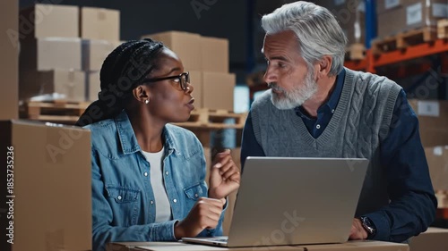 Young woman and senior man looking at laptop in warehouse with cardboard boxes