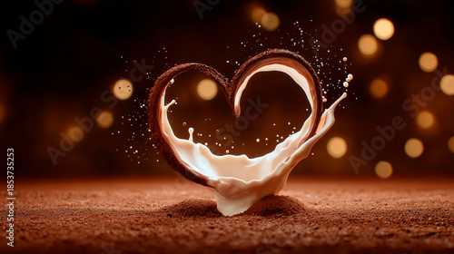 Chocolate heart formed with cocoa powder and milk splash on a brown background with glowing bokeh lights