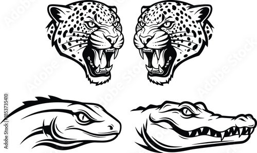 Fierce predator animal head illustration set, roaring leopard jaguar and reptile silhouettes, aggressive wildlife vector artwork, tattoo and mascot style black and white designs