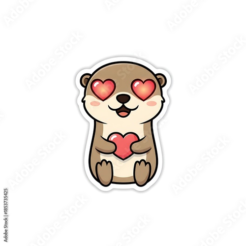 Cute animal sticker with an otter holding a heart and heart eyes. Cartoon illustration for Valentine Day, romance, or love concept. Kawaii character design.