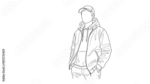 Line art illustration of a man in casual clothing with hands in pockets in minimalist style with white background for apparel design