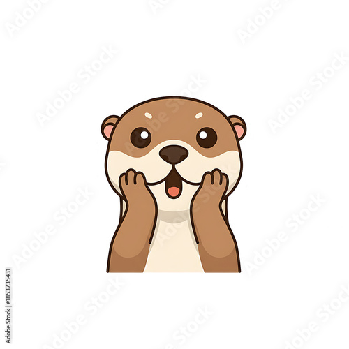 Cute cartoon otter character with excited expression. Kawaii animal mascot with hands on cheek for childrens design and sticker. Education, fun, surprise.