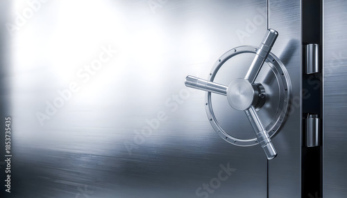 Close up metal bank vault door with copy space, security protection and safe storage concept