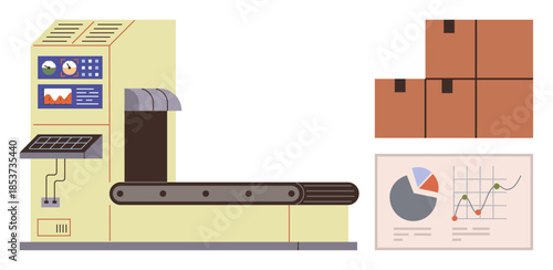 Industrial packaging machine with control panel and conveyor belt moving boxes. Charts indicate progress and data analysis. Ideal for logistics, technology, productivity, manufacturing, automation