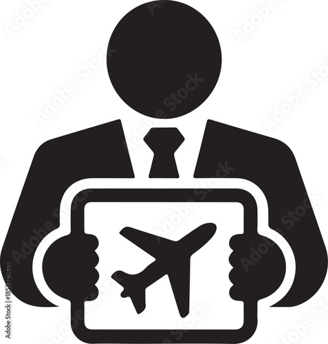 Black and white of a person in a suit holding a suitcase with an airplane symbol