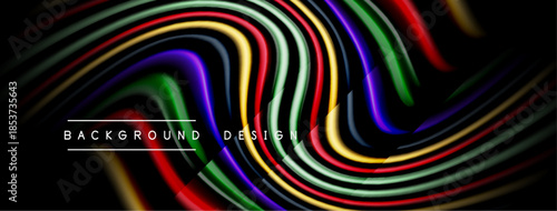 Abstract colorful waves form dynamic background. Bright lines create modern design, vibrant energy. Black surrounds flowing shapes.