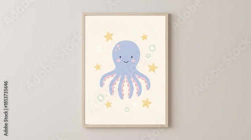 Cute blue octopus cartoon character with stars and bubble in picture frame on wall for nursery decor. Children wall art for kid room.
