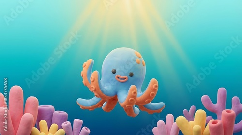 Cute plasticine octopus with coral underwater. Happy marine animal for children story, game, and cartoon design.