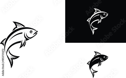 Jumping fish silhouette illustration, minimalist fishing logo vector set, black and white aquatic animal design, modern emblem style for sports and branding