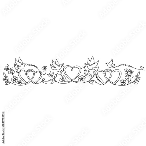 Doves and hearts wedding border floral line art, romantic lovebirds sitting around heart shapes with flowers, delicate decorative divider for invitations, cards, valentines, marriage celebration, roma