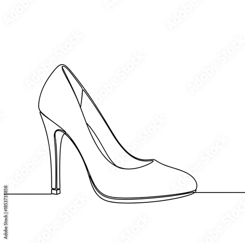 Elegant stiletto shoe fashion line art illustration, single high heel pump in minimalist continuous line, feminine footwear silhouette,stylish accessory, elegance, beauty,modern design, boutique style
