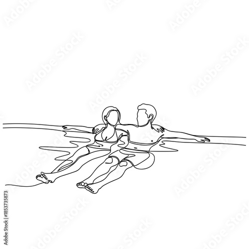 Romantic couple lounging in luxury infinity pool sketch, man and woman relaxing together in water, intimate vacation moment, summer resort vibe, leisure, freedom, minimalist continuous line style
