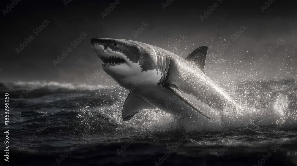 Naklejka premium Shark leaps from ocean at dusk. A shark leaps out of ocean waves while splashing water. The sky shows the colors of sunset in the background.