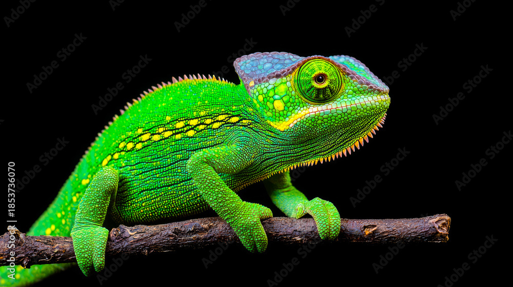 Fototapeta premium A green lizard sits on a thin branch. A green lizard sits on a thin branch. The background is dark. The lizard has colorful features and scales.