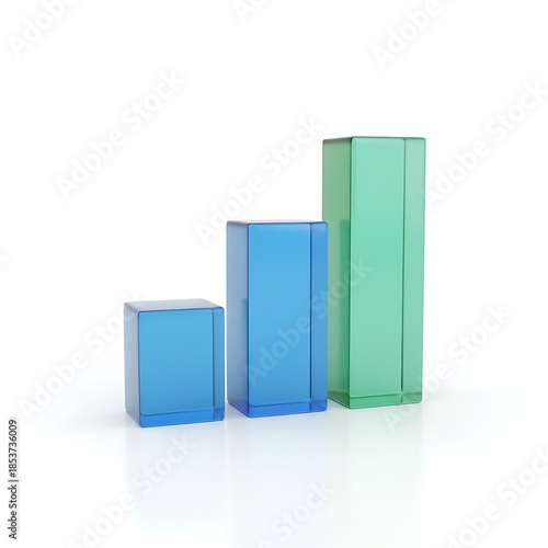 Clear translucent bar graph made of three colorful blocks on white backround to visualize data, business, or finance for presentation.