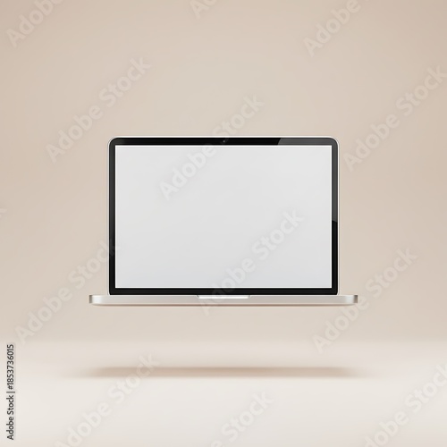 Modern laptop computer floating in air with blank white screen for content display. Digital technology and creative mockup for advertising.