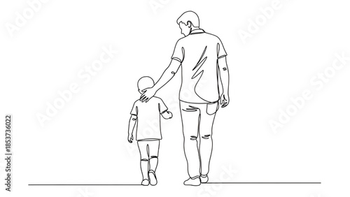 Father and Son Holding Hands in Minimalist Line Art with Simple White Background for Family Illustration