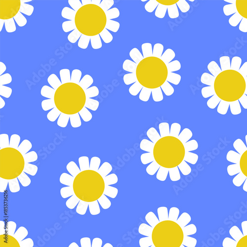 Daisy pattern, seamless endless floral background. Seamless repeating print with chamomile blooms, sunny flowers in groovy design style. Flat vector illustration for summer textile, wrapping