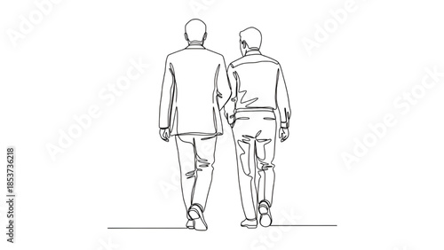 Two Men Walking Together Hand in Hand Line Art Illustration